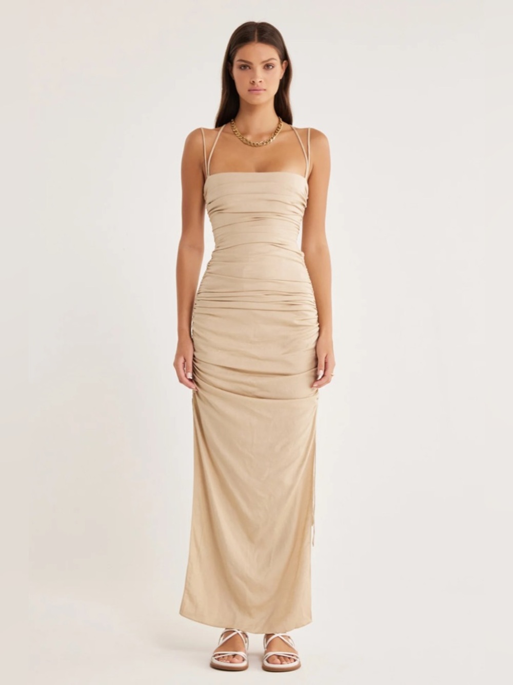 Rumer the Label Mecca Midi Dress in Tan/Nude